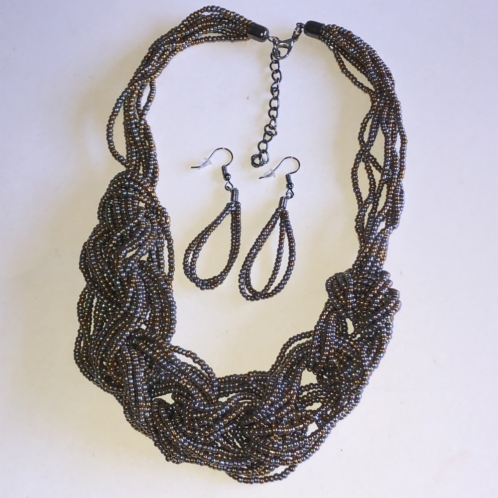 Beaded Multi-Strand Knot Necklace with Matching Earrings - Metallic Brown